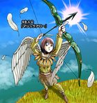  aiming arrow bow_(weapon) dragon_quest dragon_quest_ix drawing_bow feathered_wings feathers grass halo hayakawa_pao heroine_(dq9) highres holding holding_arrow holding_bow_(weapon) holding_weapon outstretched_arm pink_eyes pink_hair short_hair solo sun translated weapon wings 