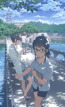  2girls backpack bag black_hair blue_eyes bridge brown_hair cigarette clipboard day glasses hat high_heels highres labcoat multiple_boys multiple_girls original pants river sandals short_hair shorts sky task_utsushita tree 