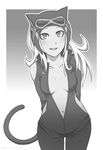  1girl :d animal_ears bare_shoulders breasts cat_ears catsuit collarbone cowboy_shot fake_animal_ears goggles goggles_on_head gravity_daze grin helmet kitten_(gravity_daze) long_hair monochrome navel no_bra open_mouth rittesora simple_background smile solo tail unzipped white_background 