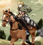  an_(18523012) animal armin_arlert belt belt_pouch blonde_hair blue_eyes boots cape cloud emblem hood horse jean_kirchstein male_focus paradis_military_uniform pouch riding shingeki_no_kyojin sky solo sweat three-dimensional_maneuver_gear training_corps_(emblem) tree uniform 