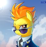  blonde_hair clothed clothing cloud equine eyewear female feral friendship_is_magic hair horse looking_at_viewer mammal my_little_pony necktie orange_eyes pony short_hair sky skyline19 solo spitfire_(mlp) sunglasses wonderbolts_(mlp) yellow_skin 