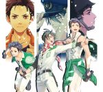  3boys akuno_hideo brown_hair firefighter frame_(idolmaster) highres idol idolmaster idolmaster_side-m kimura_ryuu male_focus military military_uniform multiple_boys police police_uniform policeman purple_eyes saya_(endowsaya) shingen_seiji simple_background smile uniform 