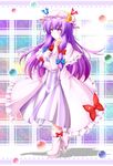  absurdres aka_tawashi ball blush boots bow crescent frills hair_bow hat highres long_hair mob_cap patchouli_knowledge purple_eyes purple_hair robe shadow solo touhou very_long_hair 