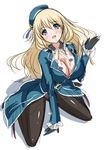  :d atago_(kantai_collection) black_legwear blonde_hair blue_eyes breasts chaki-yam cleavage colorized hat kantai_collection large_breasts long_hair long_sleeves open_mouth panties panties_under_pantyhose pantyhose sitting sketch smile solo underwear wariza 