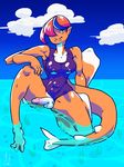  balls crouching dickgirl ear_piercing facial_piercing fish hair humanoid_penis intersex lagalamel lip_piercing looking_at_viewer marine orange_skin outside penis piercing red_hair shark short_hair sky solo swimsuit water yellow_eyes 