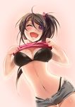  black_bra black_hair black_panties blush bra breasts cleavage gradient gradient_background hair_ribbon highres kittika_thaworn large_breasts long_hair one_eye_closed open_fly open_mouth original panties ponytail purple_eyes real_life ribbon shiny shiny_skin shirt_lift short_shorts shorts simple_background smile solo sora_aoi thigh_gap underwear unzipped 