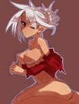  1girl areolae breasts elf female kneeling large_breasts looking_at_viewer nipples nude osuman_toruko perky_breasts pointy_ears profile red_eyes shirt silver_hair simple_background solo wink 
