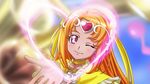  blush bow brooch brown_hair choker circlet cure_muse_(yellow) earrings hair_ribbon haruyama_kazunori head_tilt heart jewelry long_hair looking_at_viewer magical_girl official_style one_eye_closed open_hand orange_hair pink_eyes precure ribbon shirabe_ako smile solo suite_precure tiara yellow_bow yellow_choker 