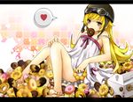  bakemonogatari barefoot blonde_hair box choco_fashion doughnut dress food goggles heart helmet itouri letterboxed long_hair monogatari_(series) mouth_hold old-fashioned_doughnut oshino_shinobu pastry_box pon_de_ring solo speech_bubble spoken_heart yellow_eyes 