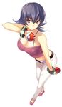  bangs bare_shoulders belt black_hair bracer breasts camisole cccpo cleavage crop_top dual_wielding flipped_hair foreshortening from_side full_body gym_leader hair_between_eyes highres holding holding_poke_ball large_breasts leaning_forward light_smile looking_at_viewer midriff natsume_(pokemon) navel pants poke_ball pokemon pokemon_(game) pokemon_hgss purple_eyes shoes short_hair simple_background smile solo standing white_background 