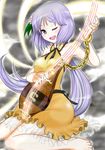  adapted_costume barefoot biwa_lute flower hair_flower hair_ornament highres instrument ju_(old505) long_hair lute_(instrument) musical_note one_eye_closed open_mouth purple_eyes purple_hair smile solo touhou tsukumo_benben twintails 