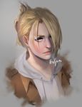  annie_leonhardt artist_name blonde_hair blue_eyes brown_jacket drawstring easonx folded_ponytail grey_background hair_over_one_eye hood hoodie jacket lips nose realistic shingeki_no_kyojin short_hair simple_background solo upper_body 