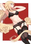  1girl absurdres arm_up armpits black_bra black_panties blonde_hair blue_eyes bra breasts choker cleavage closed_mouth eyebrows_visible_through_hair flower garter_straps guilty_gear hair_between_eyes hair_flower hair_ornament highres hongchajun long_hair lying medium_breasts millia_rage navel panties profile sidelocks smile solo thighhighs underwear underwear_only very_long_hair 