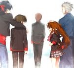  4boys bad_id bad_pixiv_id black_hair brown_hair highres inohara_masato japanese_clothes little_busters! long_hair miyazawa_kengo multiple_boys naoe_riki natsume_kyousuke natsume_rin plaid plaid_skirt school_uniform sennen_suisei short_hair silver_hair skirt 