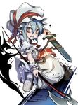  adapted_costume bat_wings blue_hair clenched_teeth dress hat hat_ribbon looking_at_viewer looking_back naginata necktie noya_makoto polearm puffy_sleeves red_eyes remilia_scarlet ribbon short_sleeves solo sword teeth touhou weapon white_dress wings wrist_cuffs 