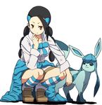  ahoge black_hair braid brown_eyes clothes_around_waist forehead gen_4_pokemon glaceon gym_leader hand_on_own_chin huge_ahoge kneehighs loose_socks multi-tied_hair pokemon pokemon_(creature) pokemon_(game) pokemon_dppt skirt socks squatting striped striped_legwear suzuna_(pokemon) sweater sweater_around_waist twin_braids you_(maumauyo) 