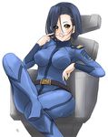  blue_hair boots breasts brown_eyes chair get9 hair_ornament hairclip large_breasts looking_at_viewer niimi_kaoru parted_lips short_hair simple_background sitting smile solo uchuu_senkan_yamato uchuu_senkan_yamato_2199 