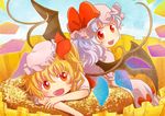  bat_wings blonde_hair blue_sky cloud cupcake day fang flandre_scarlet food hat hat_ribbon head_rest head_tilt highres kana_tako lavender_hair looking_at_viewer looking_back mob_cap multiple_girls open_mouth oversized_object red_eyes remilia_scarlet ribbon short_hair short_sleeves siblings side_ponytail sisters skirt skirt_set sky touhou wings 