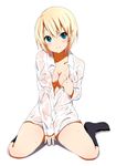  bangs black_legwear blonde_hair blue_eyes blush breasts cleavage collared_shirt dress_shirt full_body hair_ornament hairclip large_breasts looking_at_viewer navel no_shoes open_clothes open_shirt original ragho_no_erika see-through shirt short_hair simple_background sitting smile solo wariza wet wet_clothes white_background 