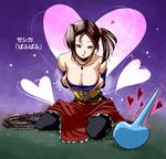  black_legwear breasts brown_eyes brown_hair cleavage dragon_quest erection hayakawa_pao heart jessica_albert large_breasts pantyhose short_hair slime_(dragon_quest) solo whip 