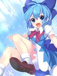  bloomers blue_eyes blue_hair blue_skirt bow cirno hair_bow ice ice_wings looking_at_viewer open_mouth paragasu_(parags112) shirt short_sleeves skirt smile solo touhou underwear upskirt wings 