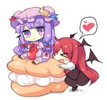 &gt;_&lt; :&lt; :d bat_wings blush_stickers capelet cherry chibi closed_eyes coat cream_puff crescent dress food fruit hat head_wings heart juliet_sleeves koakuma long_hair long_sleeves minigirl multiple_girls open_clothes open_coat open_mouth paragasu_(parags112) patchouli_knowledge puffy_sleeves purple_eyes red_hair shirt silver_hair simple_background skirt skirt_set smile spoken_heart striped striped_dress thighhighs touhou very_long_hair vest white_background white_dress wings xd 