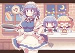  :d apron bat_wings beamed_sixteenth_notes blue_dress blue_eyes blue_hair blush_stickers bow braid breasts closed_eyes cooking crescent_moon dress fang flandre_scarlet flipping_food food fork frying_pan hair_ribbon hand_on_hip izayoi_sakuya knife large_breasts letterboxed maid maid_headdress moon multiple_girls musical_note night no_hat no_headwear open_mouth pancake pink_dress plate red_dress red_eyes remilia_scarlet ribbon siblings side_ponytail sisters sky smile speech_bubble spoken_musical_note star table takahero touhou twin_braids waist_apron window wings wrist_cuffs 