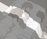  2boys bed book facial_hair father_and_son glasses ikari_gendou ikari_shinji multiple_boys neon_genesis_evangelion sleeping what_could_have_been 