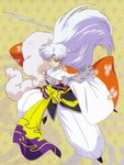  asa_no_ha_(pattern) bishounen demon gold_eyes hanairi_kikkou honeycomb_pattern inuyasha japanese_clothes long_hair male_focus sesshoumaru solo sword weapon white_hair yellow_eyes 