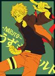  1boy blonde_hair blue_eyes character_name grin jacket looking_at_viewer male male_focus naruto open_clothes open_jacket smile solo uzumaki_naruto wink yurichi_(artist) 