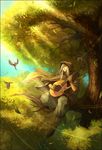  bird boots cloak closed_eyes copyright_request day floating_hair forest happy hood in_tree instrument kyoung_hwan_kim leaf lute_(instrument) male_focus nature outdoors pants silver_hair sitting sitting_in_tree solo tree wide_sleeves wind 