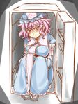  :t breasts geta hat highres japanese_clothes kamo_(yokaze) long_sleeves medium_breasts pink_eyes pink_hair refrigerator ribbon saigyouji_yuyuko short_hair solo touhou triangular_headpiece wide_sleeves 