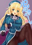  atago_(kantai_collection) black_gloves blonde_hair blush breasts gloves green_eyes hat heart highres kantai_collection large_breasts long_hair military military_uniform open_mouth pan-pa-ka-paaan! panties panties_under_pantyhose pantyhose smile solo teruru text_focus translated underwear uniform 