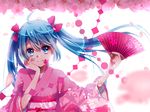  ahoge aisusuki bad_id bad_pixiv_id blue_eyes blue_hair cherry_blossoms fan folding_fan hatsune_miku japanese_clothes kimono long_hair looking_at_viewer petals smile solo twintails vocaloid 