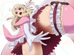  bad_id bad_pixiv_id blush covering covering_crotch elbow_gloves fate/kaleid_liner_prisma_illya fate_(series) feathers from_below gloves haine hair_feathers highres illyasviel_von_einzbern long_hair magical_girl prisma_illya red_eyes solo thighhighs white_hair 