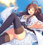  ;d ahoge bare_shoulders blush boots brown_hair detached_sleeves frilled_skirt frills hairband headgear japanese_clothes kantai_collection kongou_(kantai_collection) long_hair looking_at_viewer md5_mismatch nontraditional_miko one_eye_closed open_mouth purple_eyes ribbon-trimmed_sleeves ribbon_trim skirt smile solo thigh_boots thighhighs wide_sleeves yashiro_seika 