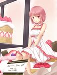  bangs bare_arms bare_shoulders cake collarbone dress eyebrows_visible_through_hair food hair_ribbon looking_at_viewer original pink_eyes pink_hair ribbon short_hair sleeveless sleeveless_dress smile solo yosshii_(ropichan2) 