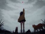  1girl arm_up back_turned balloon building cat highres mizuki_fua original rain reaching_out skirt solo 
