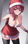  1girl bare_shoulders bell belt black_belt black_thighhighs blush bow bowtie breasts breath choker christmas cleavage collarbone commentary cowboy_shot doorway dress fur-trimmed_dress fur-trimmed_gloves fur-trimmed_headwear fur_trim gloves grin hat highres jingle_bell jururu korean_commentary large_breasts leaning_forward long_hair looking_at_viewer multicolored_hair neck_bell nose_blush pink_eyes pink_hair puleudingding purple_eyes red_bow red_bowtie red_choker red_dress red_gloves red_hair santa_claus santa_costume santa_dress santa_hat short_dress skindentation smile solo strapless strapless_dress streaked_hair thighhighs virtual_youtuber waktaverse zettai_ryouiki 