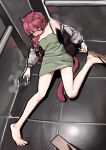  1girl animal_ears bare_legs barefoot blush bocchi_the_rock! braid cat_ears cat_girl cat_tail cellphone closed_eyes dress elevator fainted geta green_dress highres hiroi_kikuri holding holding_phone jacket long_hair open_clothes open_jacket phone red_hair short_dress smartphone solo tail twin_braids yeopeu_(yeopeu_) 