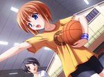  akai_canvas_series_nadeshiko_~aka_no_rasen~ basketball bike_shorts blue_eyes brown_hair game_cg multiple_girls non-web_source open_mouth sasamine_rika short_hair wristband yamino_kenji 