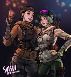  2girls arm_up artist_name baseball_cap belt beret black_hair blurry blurry_background camouflage camouflage_jacket champagne_flute commentary cup drinking_glass ela_(rainbow_six_siege) english_commentary eyewear_on_head facing_viewer gloves goggles goggles_on_headwear green_gloves green_hair hair_bun hand_on_own_hip happy_new_year hat highres holding holding_cup holster instagram_logo jacket looking_to_the_side military_combat_uniform military_operator military_uniform multiple_girls rainbow_six_siege short_hair siblings side-by-side signature simple_background sisters smile suisui_again thigh_holster thigh_strap tongue tongue_out twitter_logo twitter_username upper_body v zofia_(rainbow_six_siege) 