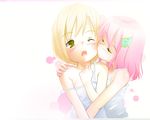  blonde_hair blush child closed_eyes copyright_request kiss multiple_girls pink_hair short_hair st+1 strap_slip wallpaper yellow_eyes yuri 