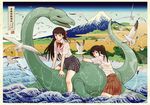  bird bra brown_eyes brown_hair dinosaur dinosaur_riding fine_art_parody lingerie long_hair mount_fuji mountain multiple_girls nadeshiko_rin nature nihonga original parody plesiosaur ponytail riding seagull see-through skirt tokaido_ejiri_tago-no-uraryakuzu translated ukiyo-e underwear water wet wet_clothes 