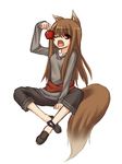 animal_ears apple fang food fruit holding holding_food holding_fruit holo long_hair no_socks one_eye_closed solo somejima spice_and_wolf tail wolf_ears 