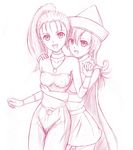 aaku_(ark-royal) alena_(dq4) bare_shoulders breasts cape chrono_trigger crossover dragon_quest dragon_quest_iv hat hug marle monochrome multiple_girls pink ponytail sketch small_breasts 