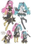  2girls black_thighhighs blue_eyes blue_hair blush boots carrying carrying_person embarrassed hatsune_miku highres holding_hands megurine_luka multiple_girls pink_hair princess_carry sitting spring_onion thighhighs tongue tongue_out truffleduster vocaloid you're_doing_it_wrong yuri 