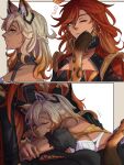  2girls absurdres animal_ears black_jacket blue_eyes blush breasts cesar_zebrah closed_eyes closed_mouth commentary cuddling dark-skinned_female dark_skin earrings english_commentary genshin_impact gradient_hair highres jacket jaguar_ears jaguar_girl jaguar_tail jewelry long_hair lying_on_lap mavuika_(genshin_impact) multicolored_hair multiple_girls one_eye_closed orange_hair red_hair shirt sideboob smile tail twitter_username white_hair white_shirt xilonen_(genshin_impact) yuri 