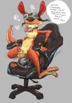 absurd_res anal anal_penetration animal_genitalia anthro balls clenched_teeth concosive daxter dialogue eyes_closed fur gaming_chair genitals hi_res jak_and_daxter lube_in_ass male mammal mustelid naughty_dog orange_body orange_fur ottsel penetration penis penis_tip sex_toy sheath solo sony_corporation sony_interactive_entertainment speech_bubble teeth