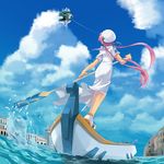  aria boat cloud day from_behind hat kazuki_sanbi long_hair mizunashi_akari pink_hair short_hair_with_long_locks short_sleeves sidelocks sky solo uniform water watercraft wind 